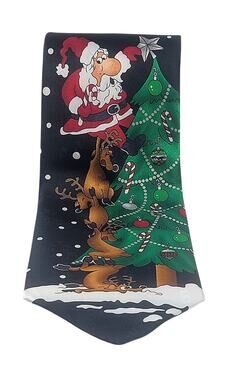 Funny Hallmark Santa & Reindeer Christmas Tree Decorating Holiday Fun Tie Black